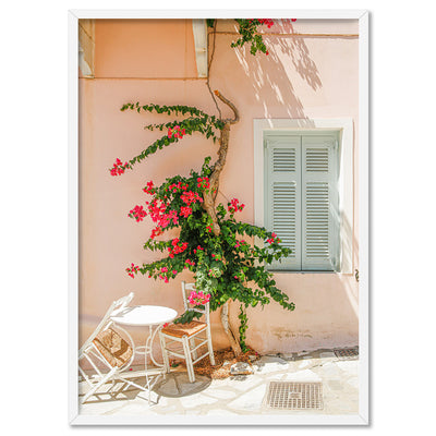 Santorini in Spring | Boho Pastel Villa II - Art Print by Victoria's Stories, Poster, Stretched Canvas, or Framed Wall Art Print, shown in a white frame