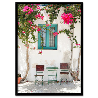 Santorini in Spring | White Villa III - Art Print by Victoria's Stories, Poster, Stretched Canvas, or Framed Wall Art Print, shown in a black frame