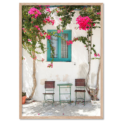 Santorini in Spring | White Villa III - Art Print by Victoria's Stories, Poster, Stretched Canvas, or Framed Wall Art Print, shown in a natural timber frame