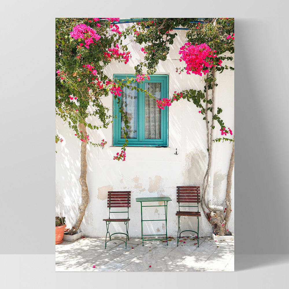 Santorini in Spring | White Villa III - Art Print by Victoria's Stories, Poster, Stretched Canvas, or Framed Wall Art Print, shown as a stretched canvas or poster without a frame