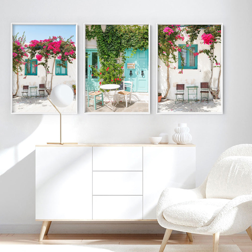 Santorini in Spring | White Villa III - Art Print by Victoria's Stories, Poster, Stretched Canvas or Framed Wall Art, shown framed in a home interior space