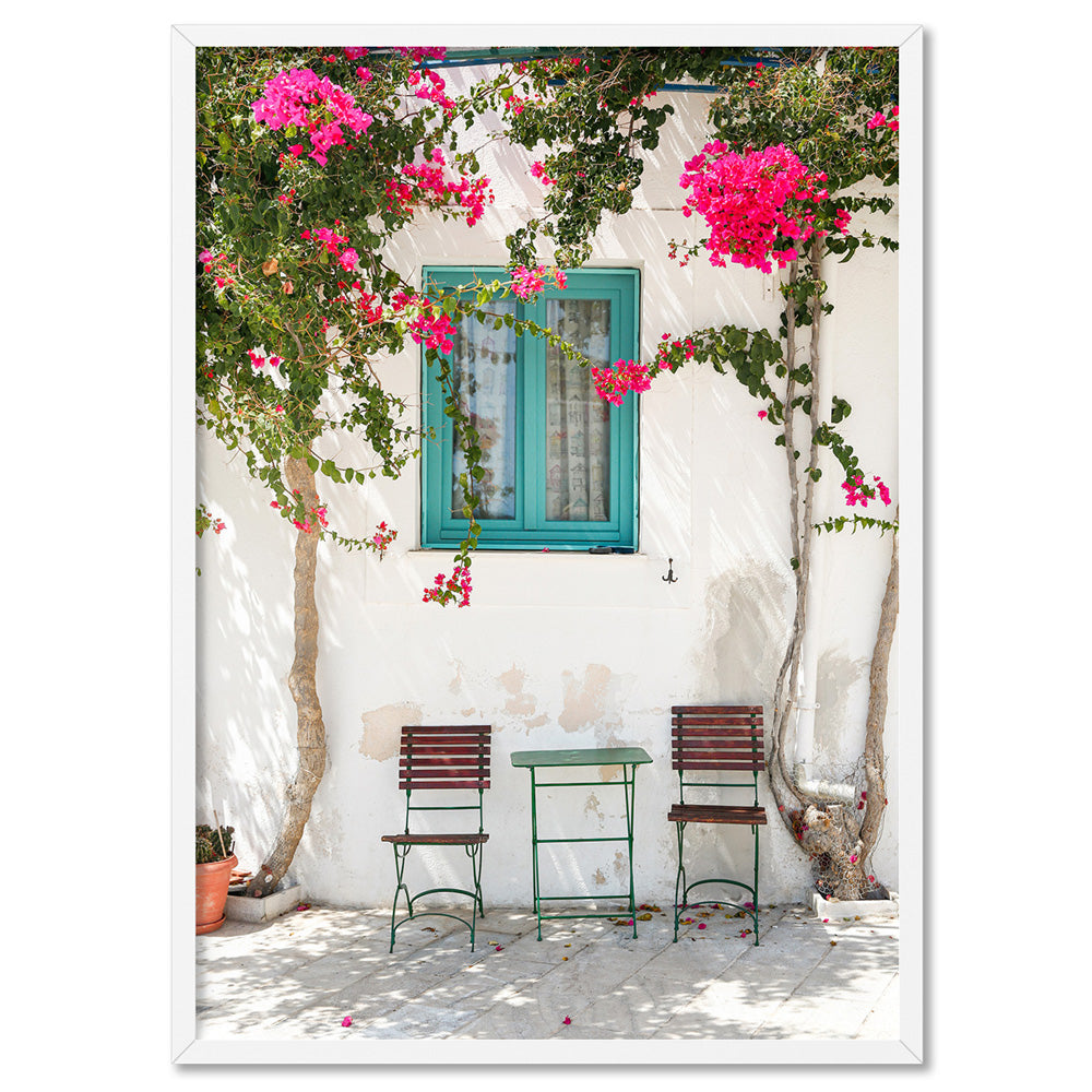 Bougainvillea Santorini Art Print. White Greek Villa & Cafe Chairs ...