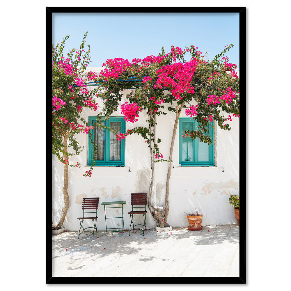 Santorini in Spring | White Villa IV - Art Print by Victoria's Stories, Poster, Stretched Canvas, or Framed Wall Art Print, shown in a black frame