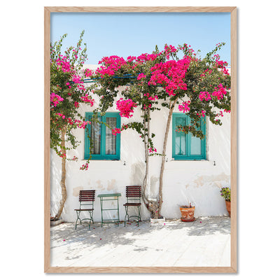 Santorini in Spring | White Villa IV - Art Print by Victoria's Stories, Poster, Stretched Canvas, or Framed Wall Art Print, shown in a natural timber frame