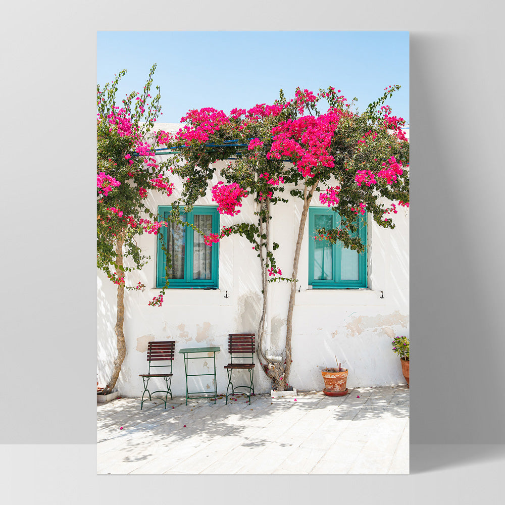Santorini in Spring | White Villa IV - Art Print by Victoria's Stories, Poster, Stretched Canvas, or Framed Wall Art Print, shown as a stretched canvas or poster without a frame