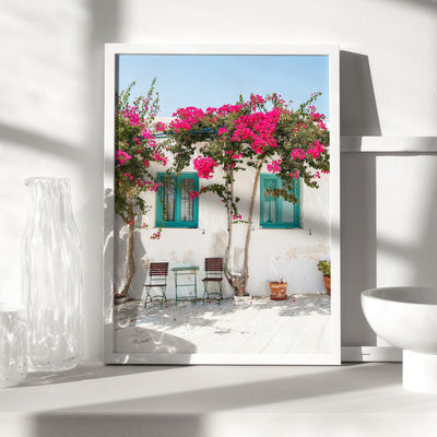 Santorini in Spring | White Villa IV - Art Print by Victoria's Stories, Poster, Stretched Canvas or Framed Wall Art Prints, shown framed in a room