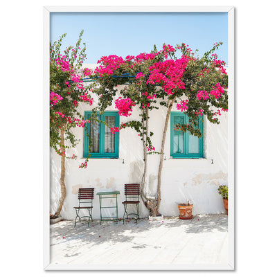 Santorini in Spring | White Villa IV - Art Print by Victoria's Stories, Poster, Stretched Canvas, or Framed Wall Art Print, shown in a white frame