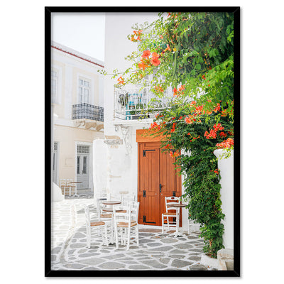 Santorini in Spring | Al fresco I - Art Print by Victoria's Stories, Poster, Stretched Canvas, or Framed Wall Art Print, shown in a black frame