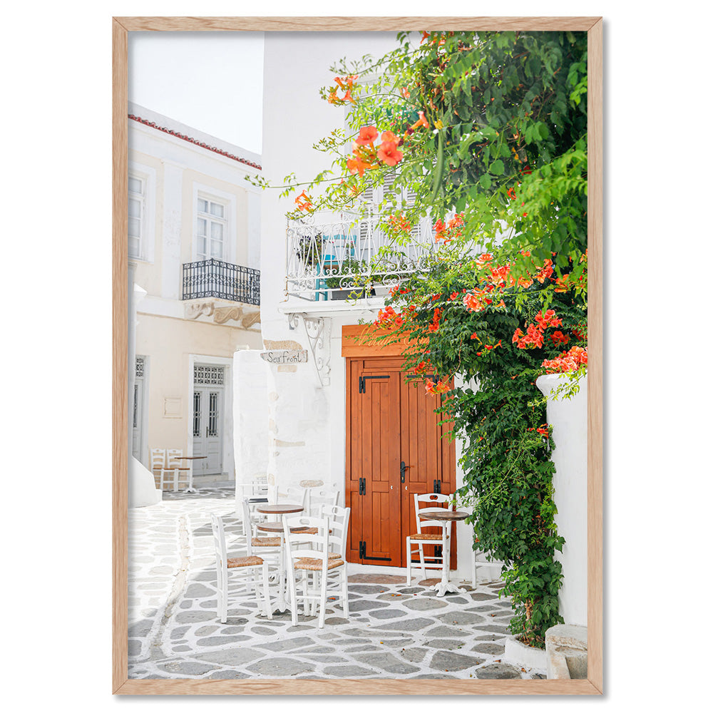 Santorini in Spring | Al fresco I - Art Print by Victoria's Stories, Poster, Stretched Canvas, or Framed Wall Art Print, shown in a natural timber frame