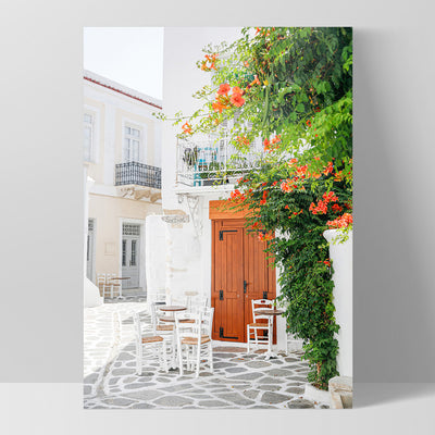 Santorini in Spring | Al fresco I - Art Print by Victoria's Stories, Poster, Stretched Canvas, or Framed Wall Art Print, shown as a stretched canvas or poster without a frame