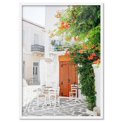 Santorini in Spring | Al fresco I - Art Print by Victoria's Stories, Poster, Stretched Canvas, or Framed Wall Art Print, shown in a white frame
