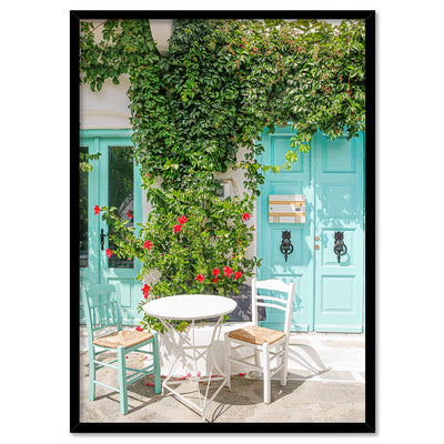 Santorini in Spring | Al fresco II - Art Print by Victoria's Stories, Poster, Stretched Canvas, or Framed Wall Art Print, shown in a black frame