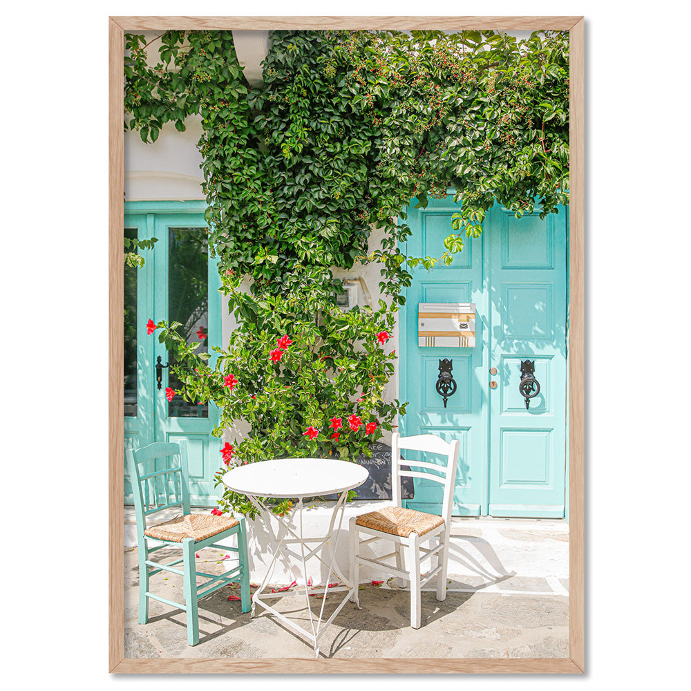 Santorini in Spring | Al fresco II - Art Print by Victoria's Stories, Poster, Stretched Canvas, or Framed Wall Art Print, shown in a natural timber frame