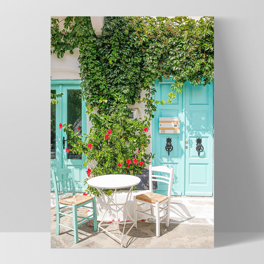 Santorini in Spring | Al fresco II - Art Print by Victoria's Stories, Poster, Stretched Canvas, or Framed Wall Art Print, shown as a stretched canvas or poster without a frame