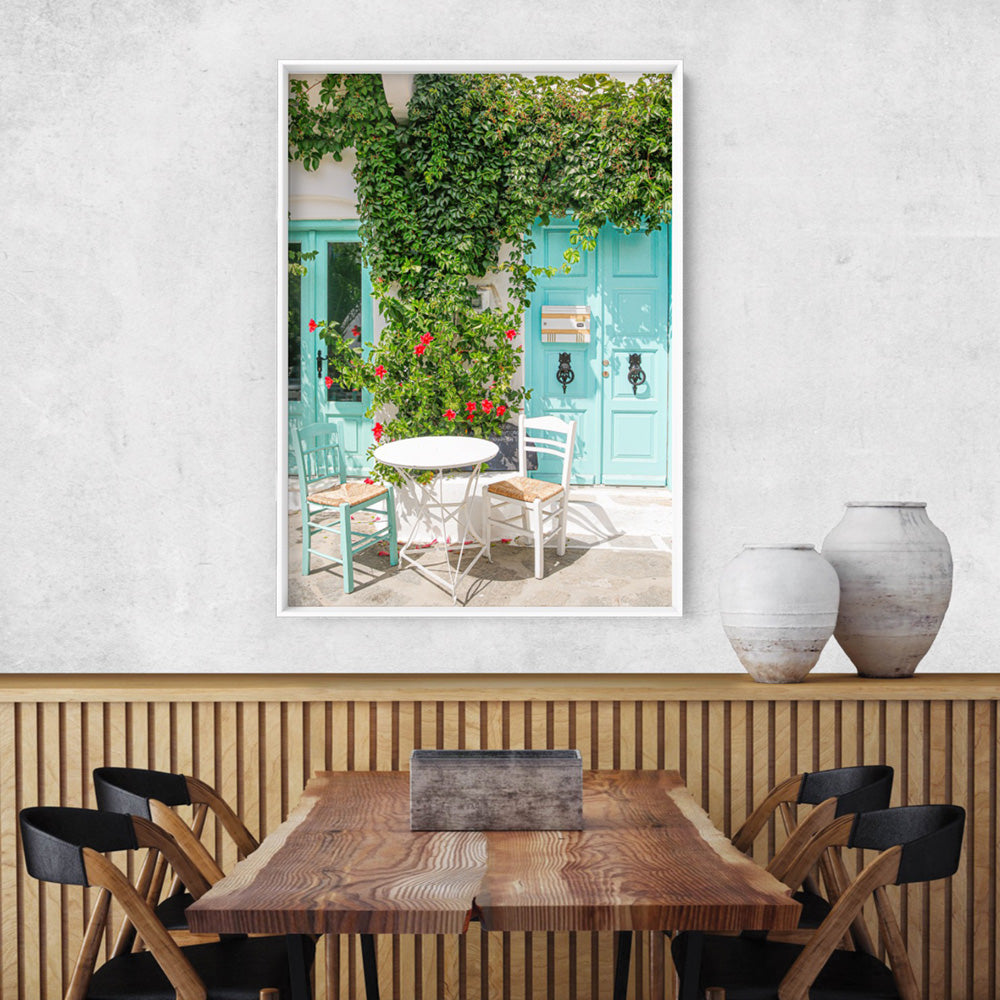 Santorini in Spring | Al fresco II - Art Print by Victoria's Stories, Poster, Stretched Canvas or Framed Wall Art Prints, shown framed in a room