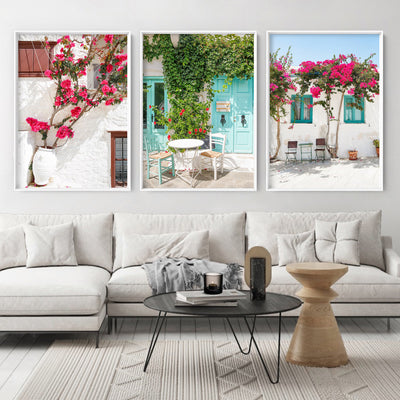 Santorini in Spring | Al fresco II - Art Print by Victoria's Stories, Poster, Stretched Canvas or Framed Wall Art, shown framed in a home interior space