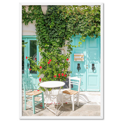 Santorini in Spring | Al fresco II - Art Print by Victoria's Stories, Poster, Stretched Canvas, or Framed Wall Art Print, shown in a white frame