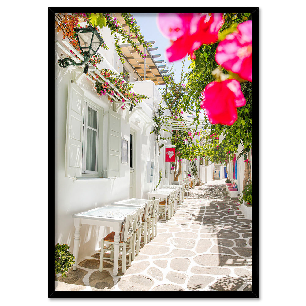 Santorini in Spring | Al fresco III - Art Print by Victoria's Stories, Poster, Stretched Canvas, or Framed Wall Art Print, shown in a black frame
