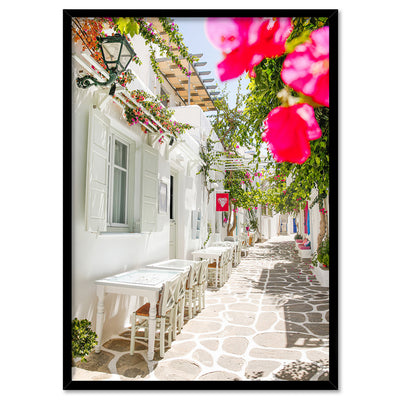 Santorini in Spring | Al fresco III - Art Print by Victoria's Stories, Poster, Stretched Canvas, or Framed Wall Art Print, shown in a black frame