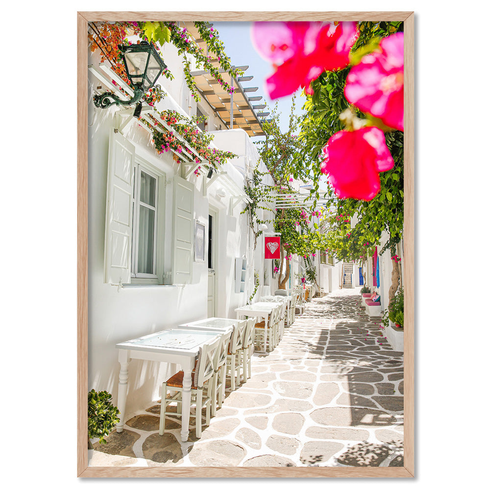 Santorini in Spring | Al fresco III - Art Print by Victoria's Stories, Poster, Stretched Canvas, or Framed Wall Art Print, shown in a natural timber frame