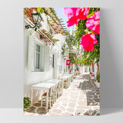Santorini in Spring | Al fresco III - Art Print by Victoria's Stories, Poster, Stretched Canvas, or Framed Wall Art Print, shown as a stretched canvas or poster without a frame