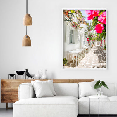 Santorini in Spring | Al fresco III - Art Print by Victoria's Stories, Poster, Stretched Canvas or Framed Wall Art Prints, shown framed in a room