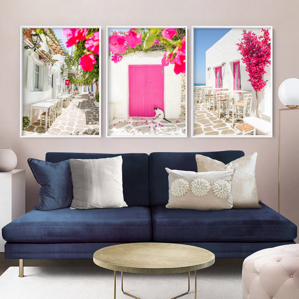 Santorini in Spring | Al fresco III - Art Print by Victoria's Stories, Poster, Stretched Canvas or Framed Wall Art, shown framed in a home interior space