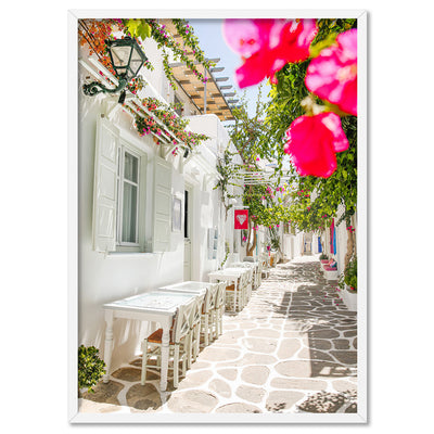 Santorini in Spring | Al fresco III - Art Print by Victoria's Stories, Poster, Stretched Canvas, or Framed Wall Art Print, shown in a white frame