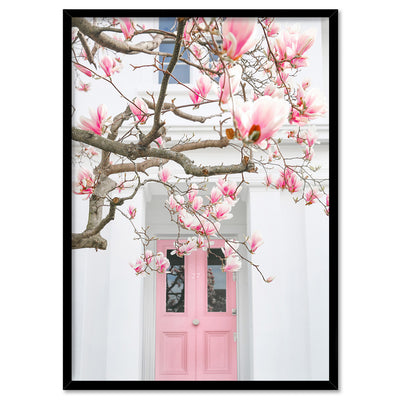Pink Door in London - Art Print by Victoria's Stories, Poster, Stretched Canvas, or Framed Wall Art Print, shown in a black frame