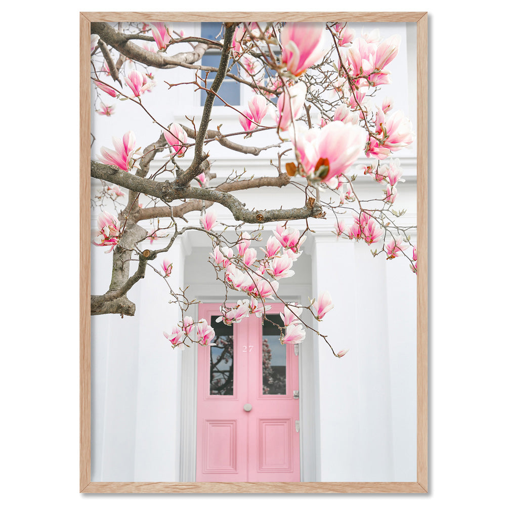 Pink Door in London - Art Print by Victoria's Stories, Poster, Stretched Canvas, or Framed Wall Art Print, shown in a natural timber frame
