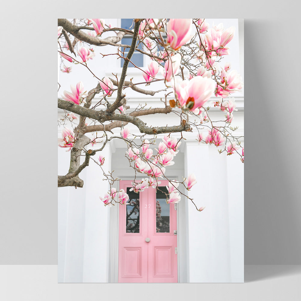 Pink Door in London - Art Print by Victoria's Stories, Poster, Stretched Canvas, or Framed Wall Art Print, shown as a stretched canvas or poster without a frame