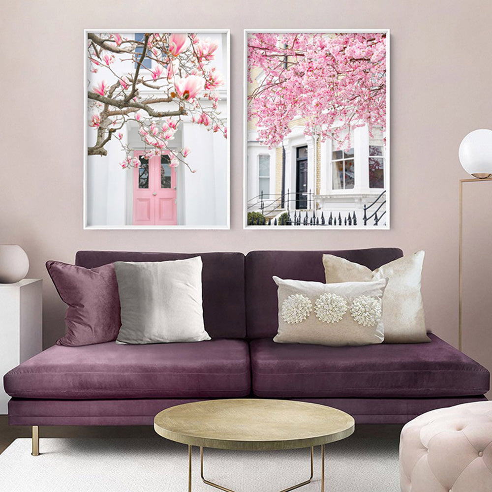 Pink Door in London - Art Print by Victoria's Stories, Poster, Stretched Canvas or Framed Wall Art, shown framed in a home interior space