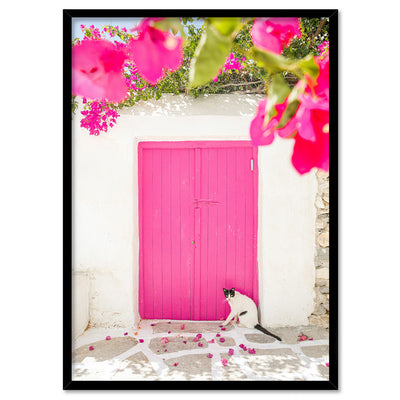 Santorini in Spring | Pink Door - Art Print by Victoria's Stories, Poster, Stretched Canvas, or Framed Wall Art Print, shown in a black frame