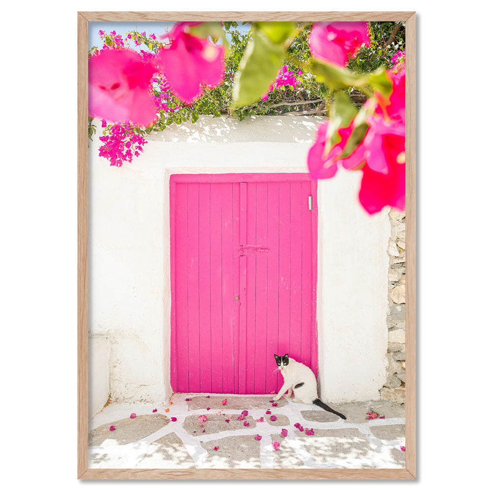 Santorini in Spring | Pink Door - Art Print by Victoria's Stories, Poster, Stretched Canvas, or Framed Wall Art Print, shown in a natural timber frame