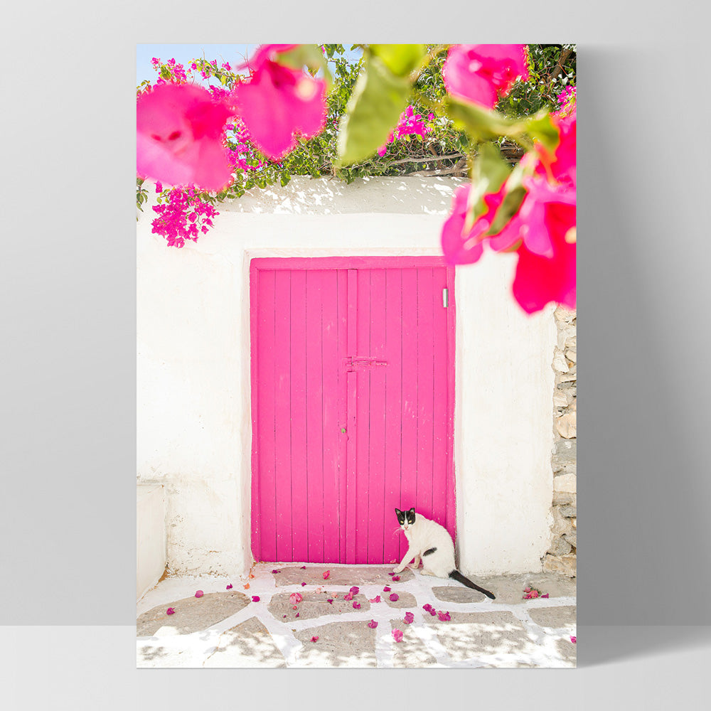 Santorini in Spring | Pink Door - Art Print by Victoria's Stories, Poster, Stretched Canvas, or Framed Wall Art Print, shown as a stretched canvas or poster without a frame