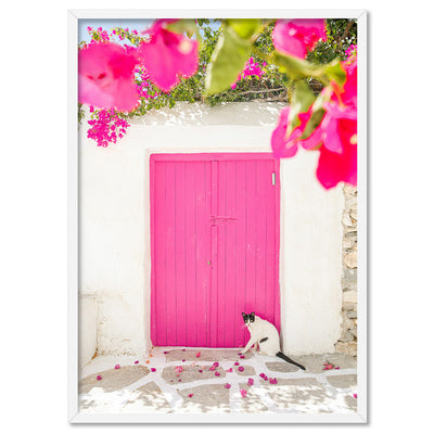 Santorini in Spring | Pink Door - Art Print by Victoria's Stories, Poster, Stretched Canvas, or Framed Wall Art Print, shown in a white frame