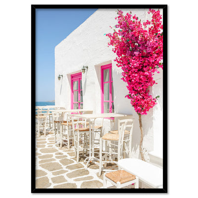 Santorini in Spring | Al fresco IV - Art Print by Victoria's Stories, Poster, Stretched Canvas, or Framed Wall Art Print, shown in a black frame