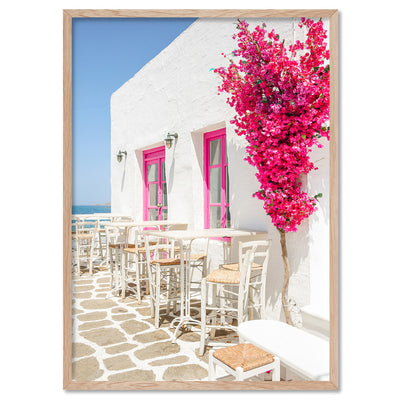 Santorini in Spring | Al fresco IV - Art Print by Victoria's Stories, Poster, Stretched Canvas, or Framed Wall Art Print, shown in a natural timber frame