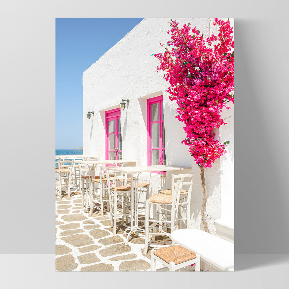Santorini in Spring | Al fresco IV - Art Print by Victoria's Stories, Poster, Stretched Canvas, or Framed Wall Art Print, shown as a stretched canvas or poster without a frame