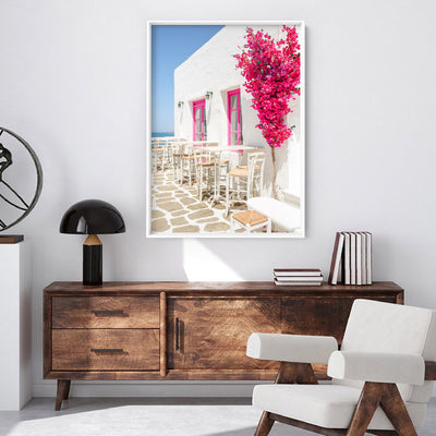 Santorini in Spring | Al fresco IV - Art Print by Victoria's Stories, Poster, Stretched Canvas or Framed Wall Art Prints, shown framed in a room