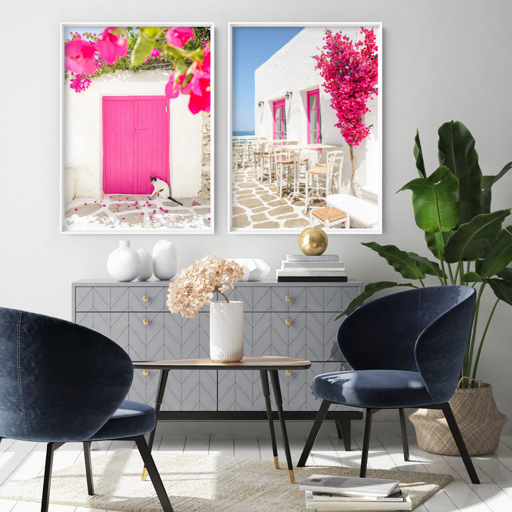 Santorini in Spring | Al fresco IV - Art Print by Victoria's Stories, Poster, Stretched Canvas or Framed Wall Art, shown framed in a home interior space