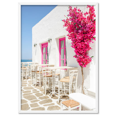 Santorini in Spring | Al fresco IV - Art Print by Victoria's Stories, Poster, Stretched Canvas, or Framed Wall Art Print, shown in a white frame