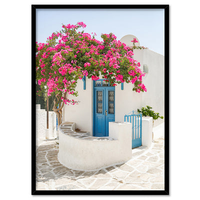 Santorini in Spring | White Villa V - Art Print by Victoria's Stories, Poster, Stretched Canvas, or Framed Wall Art Print, shown in a black frame