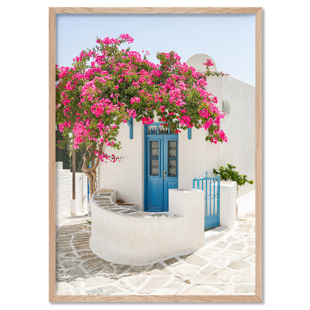 Santorini in Spring | White Villa V - Art Print by Victoria's Stories, Poster, Stretched Canvas, or Framed Wall Art Print, shown in a natural timber frame