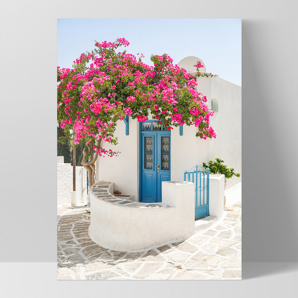 Santorini in Spring | White Villa V - Art Print by Victoria's Stories, Poster, Stretched Canvas, or Framed Wall Art Print, shown as a stretched canvas or poster without a frame