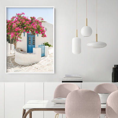 Santorini in Spring | White Villa V - Art Print by Victoria's Stories, Poster, Stretched Canvas or Framed Wall Art Prints, shown framed in a room