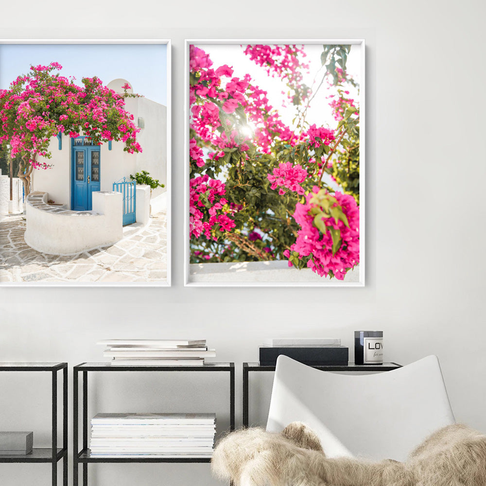 Santorini in Spring | White Villa V - Art Print by Victoria's Stories, Poster, Stretched Canvas or Framed Wall Art, shown framed in a home interior space