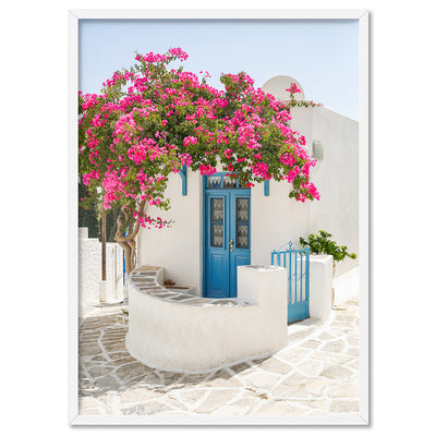Santorini in Spring | White Villa V - Art Print by Victoria's Stories, Poster, Stretched Canvas, or Framed Wall Art Print, shown in a white frame
