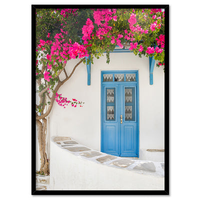 Santorini in Spring | White Villa VI - Art Print by Victoria's Stories, Poster, Stretched Canvas, or Framed Wall Art Print, shown in a black frame