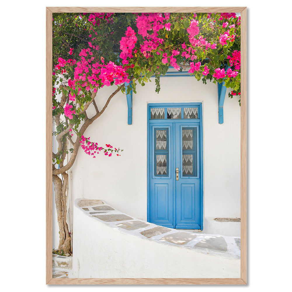Santorini in Spring | White Villa VI - Art Print by Victoria's Stories, Poster, Stretched Canvas, or Framed Wall Art Print, shown in a natural timber frame